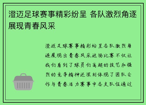 澄迈足球赛事精彩纷呈 各队激烈角逐展现青春风采