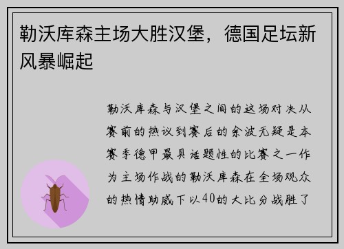 勒沃库森主场大胜汉堡，德国足坛新风暴崛起