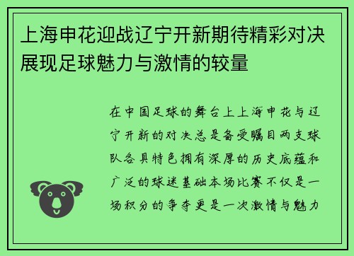 上海申花迎战辽宁开新期待精彩对决展现足球魅力与激情的较量